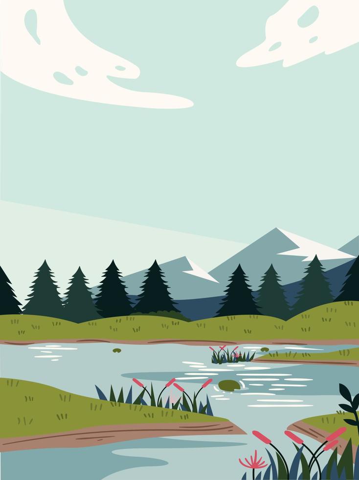 Beautiful modern view of nature landscape with forest, mountains,river,lake,waterfall,and pines. Banner, background scenery vector illustration