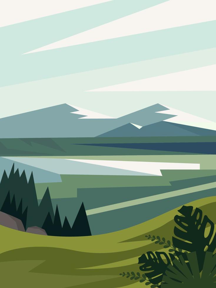 Beautiful modern view of nature landscape with forest, mountains,river,lake,waterfall,and pines. Banner, background scenery vector illustration