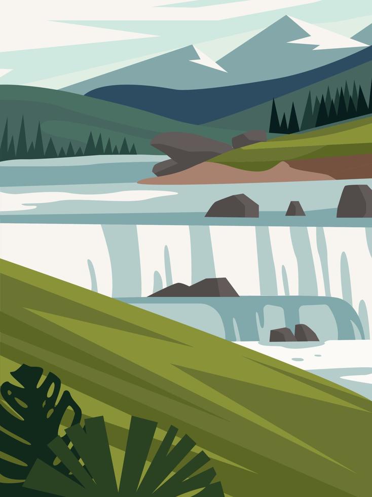 Beautiful modern view of nature landscape with forest, mountains,river,lake,waterfall,and pines. Banner, background scenery vector illustration