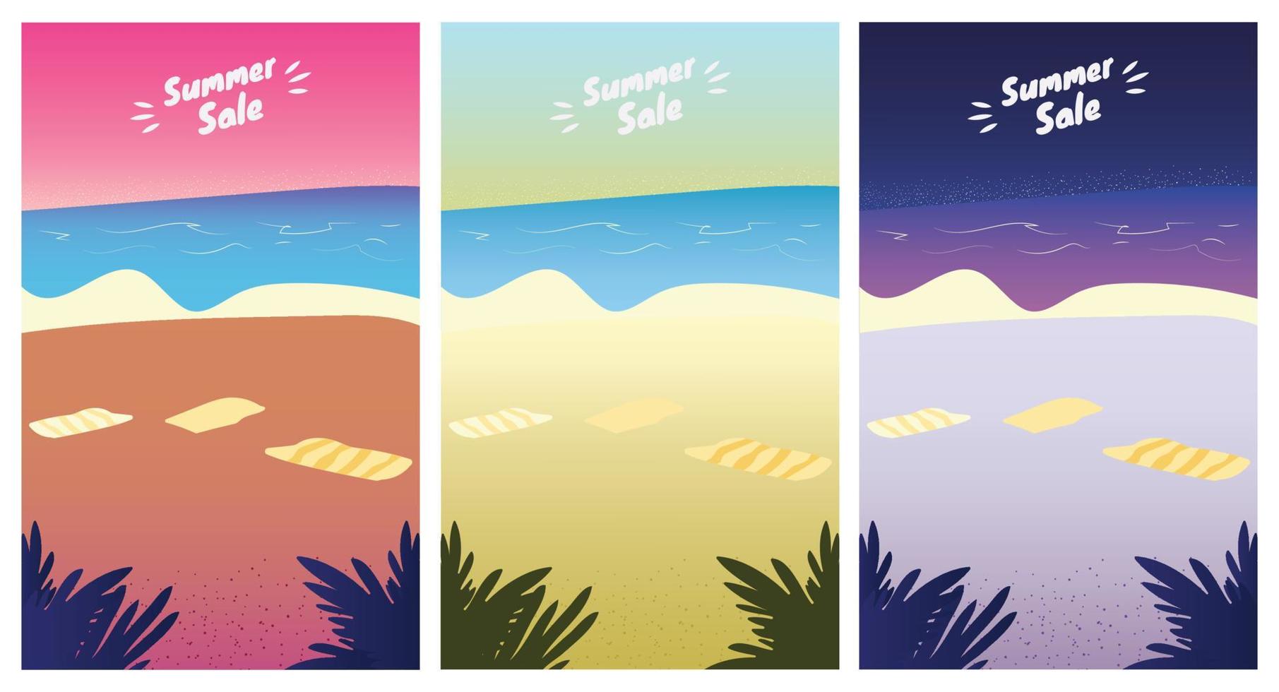 paisaje de playa de verano al amanecer, atardecer y noche. banners de temporada de rebajas de verano establecer ilustración de vector de plantilla