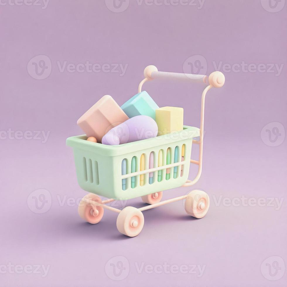 Cute whimsical 3D shopping cart icon character perfect for e-commerce, retail projects, website icons, app buttons, marketing materials. Adorable cartoon-like design, cheerful colors photo