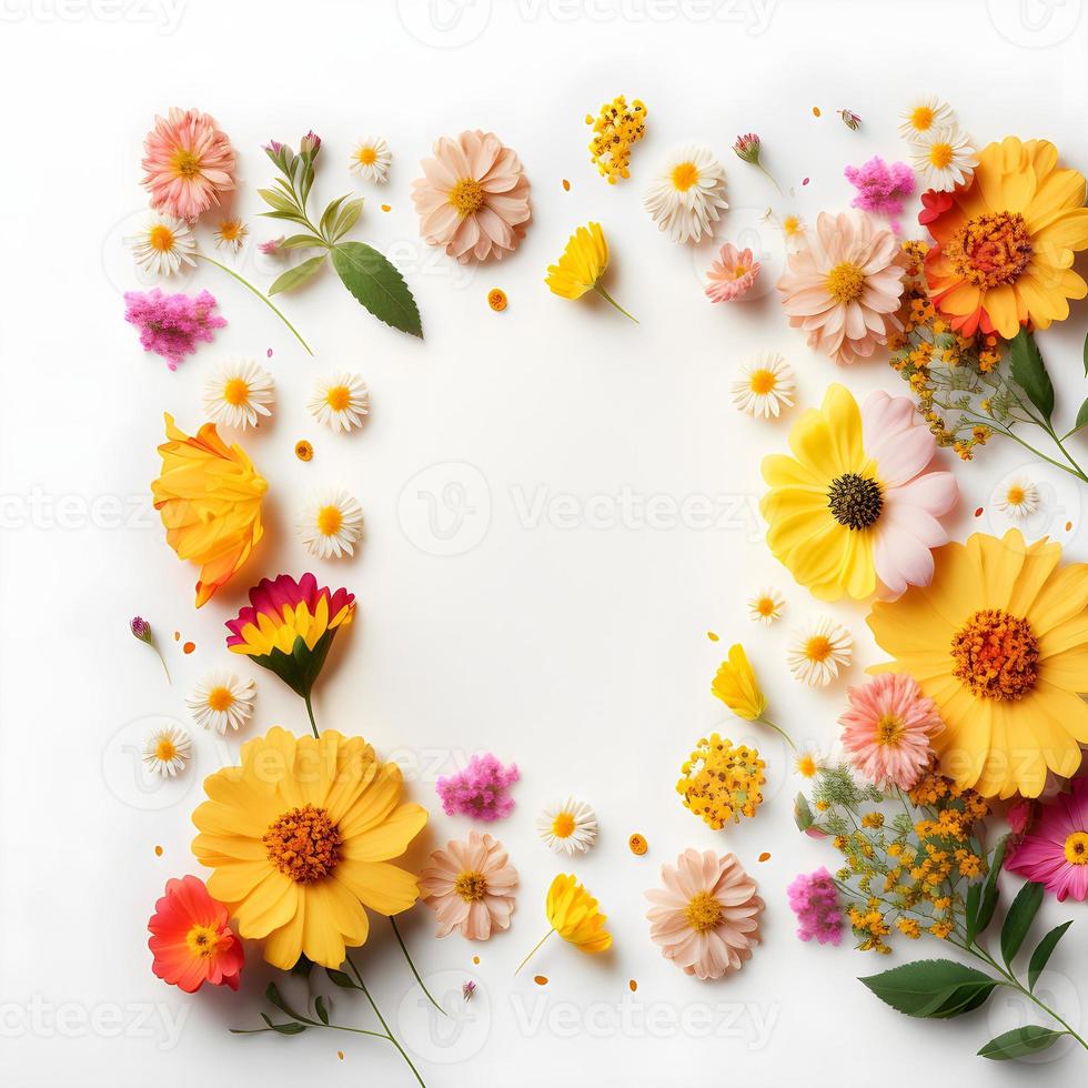 Top view floral background photo with plenty of copy space, perfect for website backgrounds, social media posts, advertising, packaging, etc. Vibrant flowers, lush greenery, shallow depth of field.