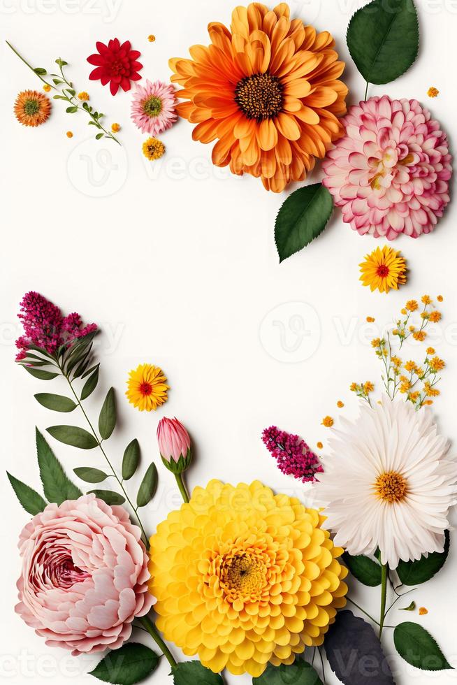 Top view floral background photo with plenty of copy space, perfect for website backgrounds, social media posts, advertising, packaging, etc. Vibrant flowers, lush greenery, shallow depth of field.