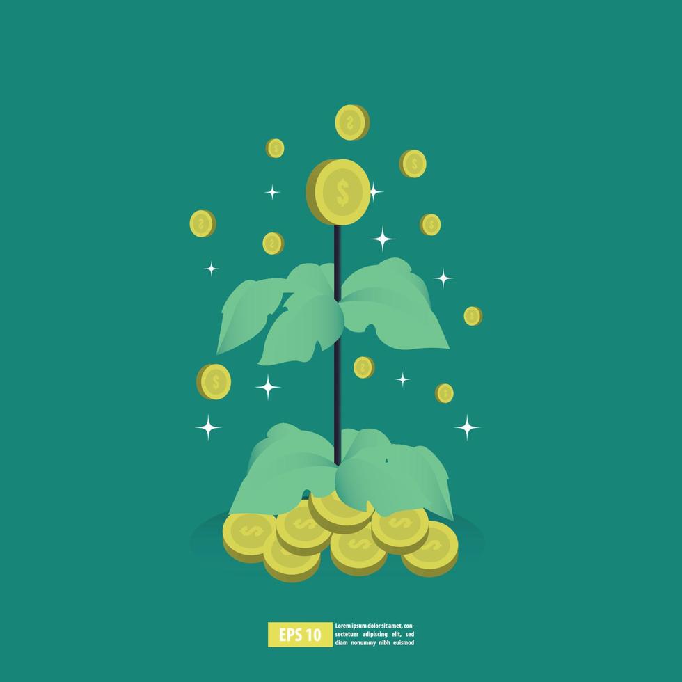 Return on investment concept, ROI chart and graph, Business, profit, and success. Growing money tree, Gold coins on branches. Symbol of wealth. Flat style vector illustration