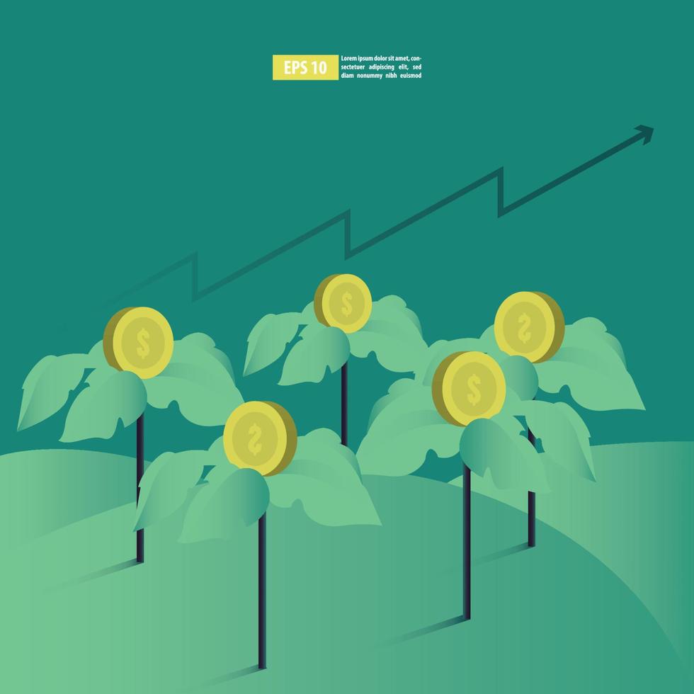 concepto de retorno de la inversión, gráfico y gráfico de roi, negocios, ganancias y éxito. árbol de dinero en crecimiento, monedas de oro en las ramas. símbolo de riqueza. ilustración vectorial de estilo plano vector