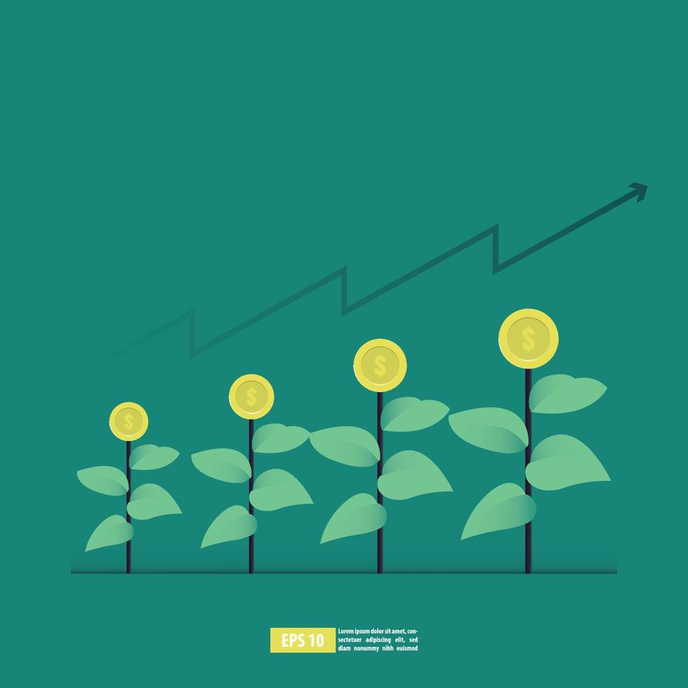 Return on investment concept, ROI chart and graph, Business, profit, and success. Growing money tree, Gold coins on branches. Symbol of wealth. Flat style vector illustration