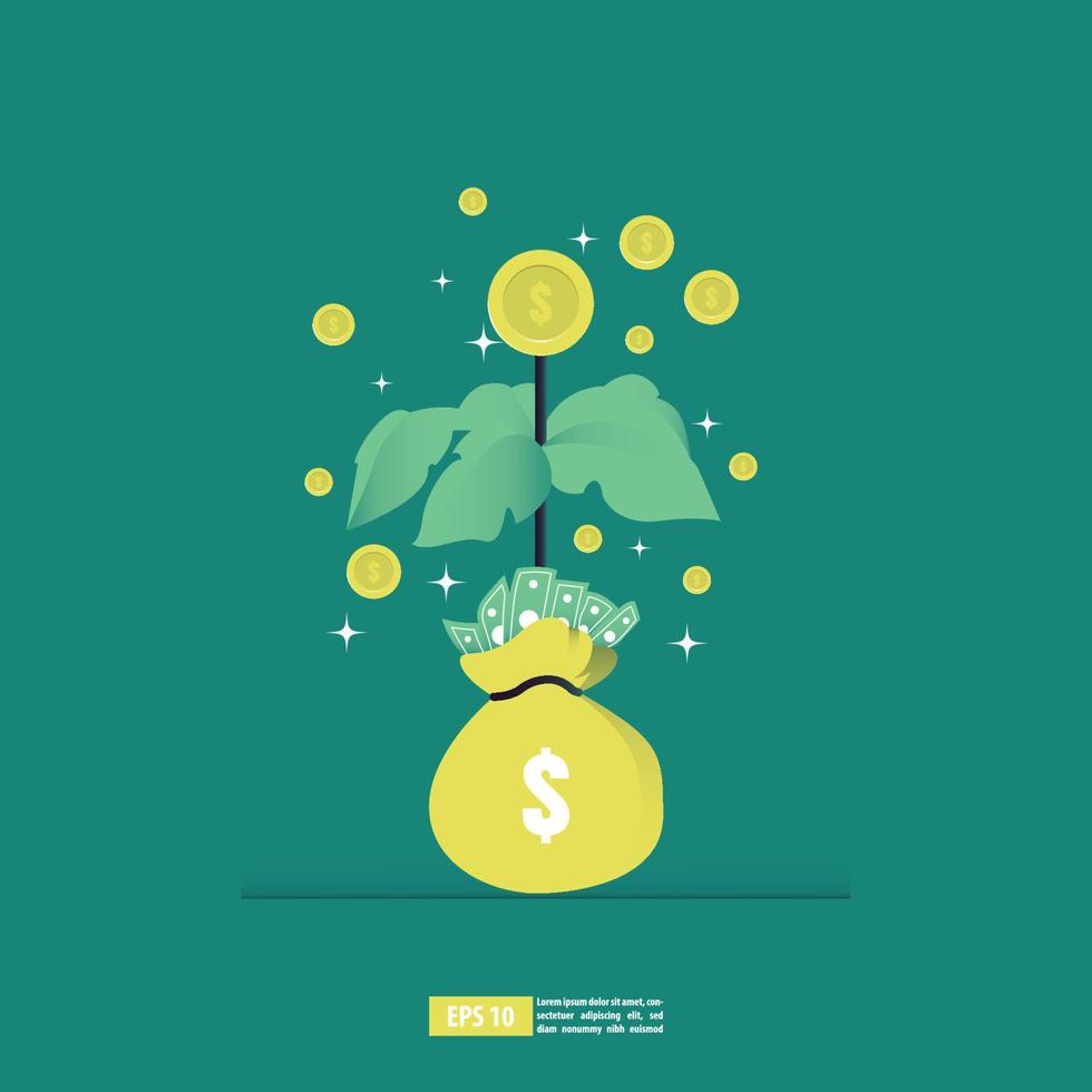 Return on investment concept, ROI chart and graph, Business, profit, and success. Growing money tree, Gold coins on branches. Symbol of wealth. Flat style vector illustration