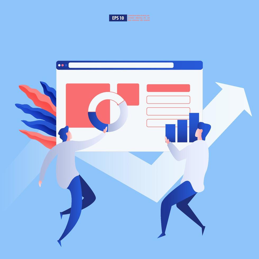 Teamwork and development concept. Group of man build together a landing page of website. Vector illustration