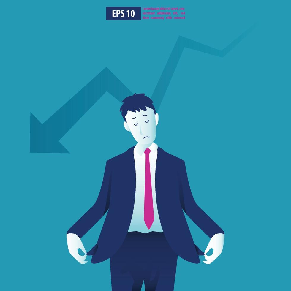 Bankruptcy vector illustration  concept. Businessman with broke company. global financial crisis with arrow decrease symbol. economy drop, lost,and bankrupt
