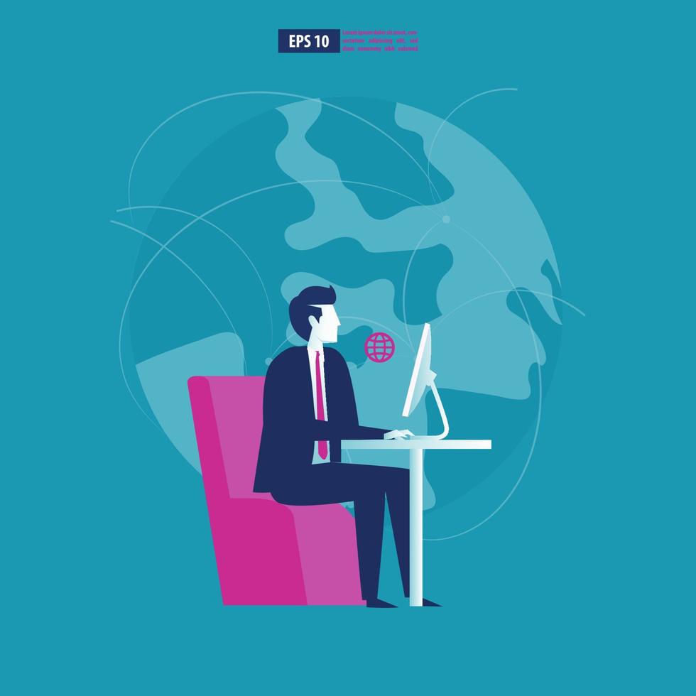 Businessman works using a computer online. Connected globally. Business vector illustration