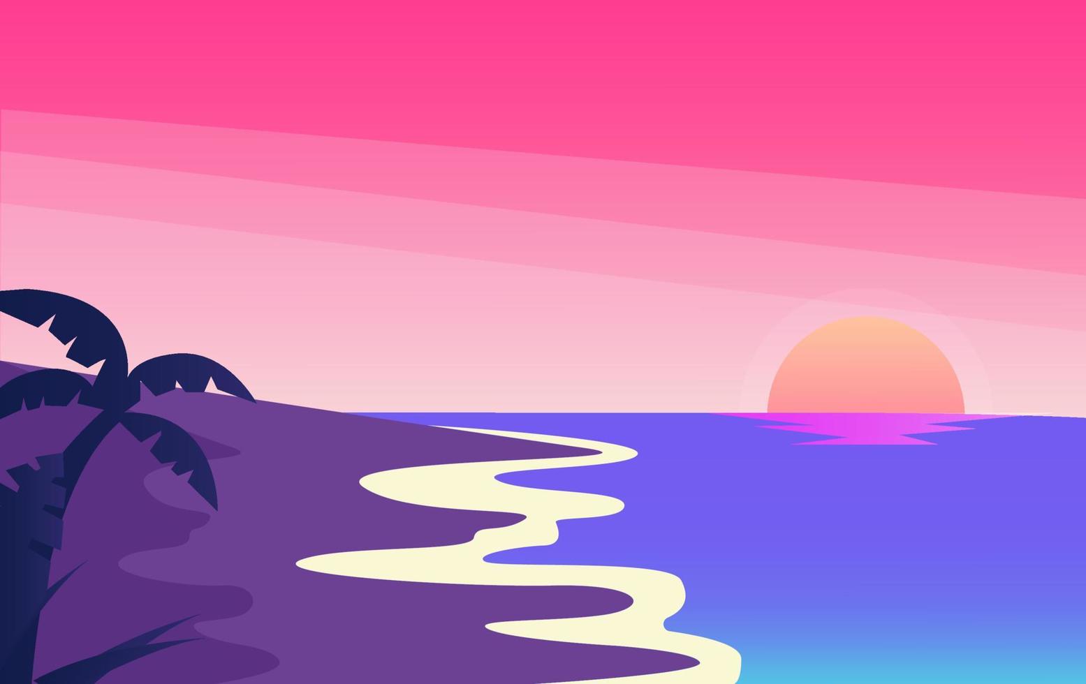 Sea and beach landscape concept. Silhouette man enjoy beauty of summer beach sunset. vector illustration