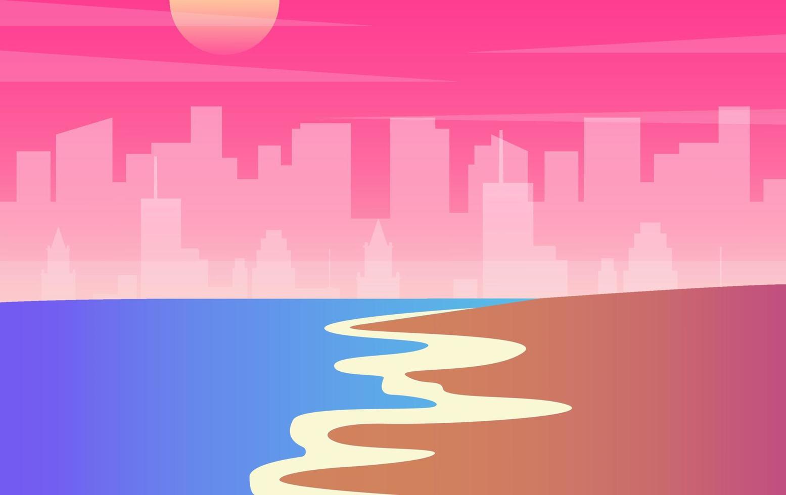 Sea and beach landscape concept. Silhouette man enjoy beauty of summer beach sunset. vector illustration
