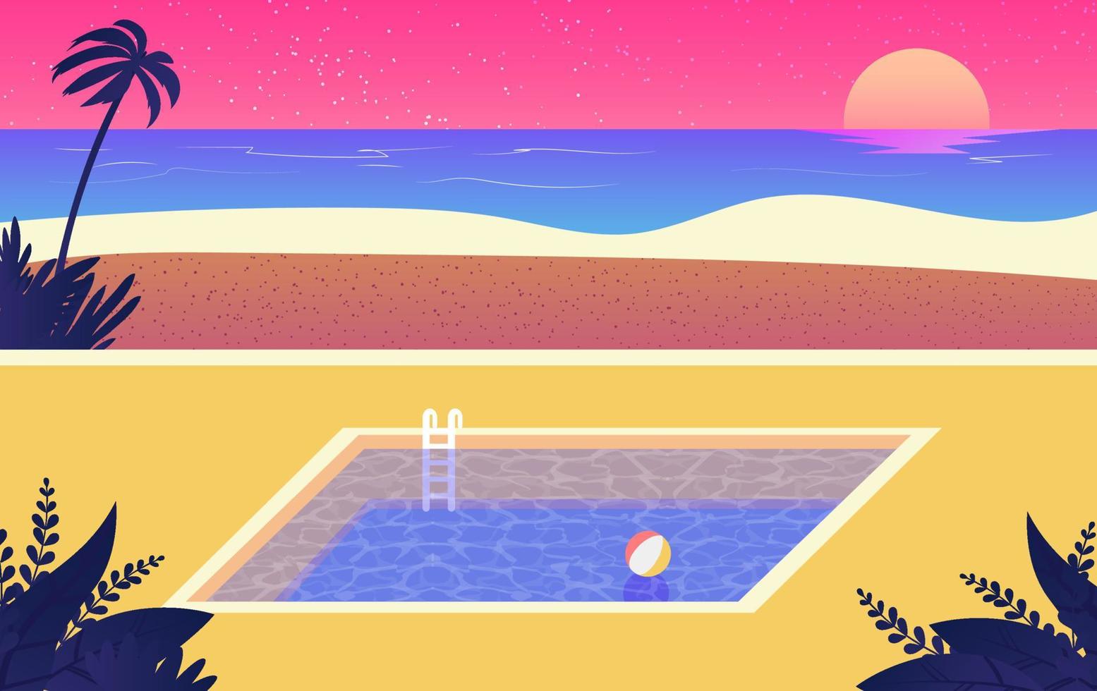 concepto de paisaje de mar y playa. piscina en la puesta de sol de la playa de verano. ilustración vectorial vector
