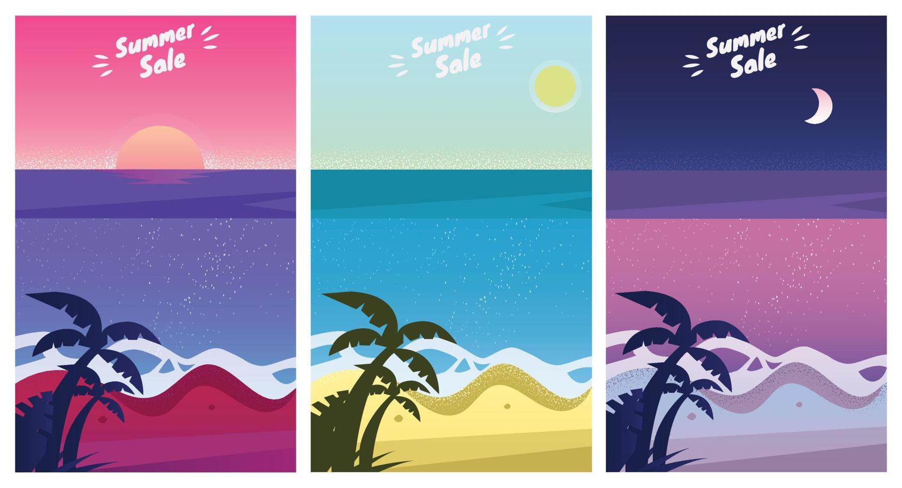 paisaje de playa de verano al amanecer, atardecer y noche. banners de temporada de rebajas de verano establecer ilustración de vector de plantilla