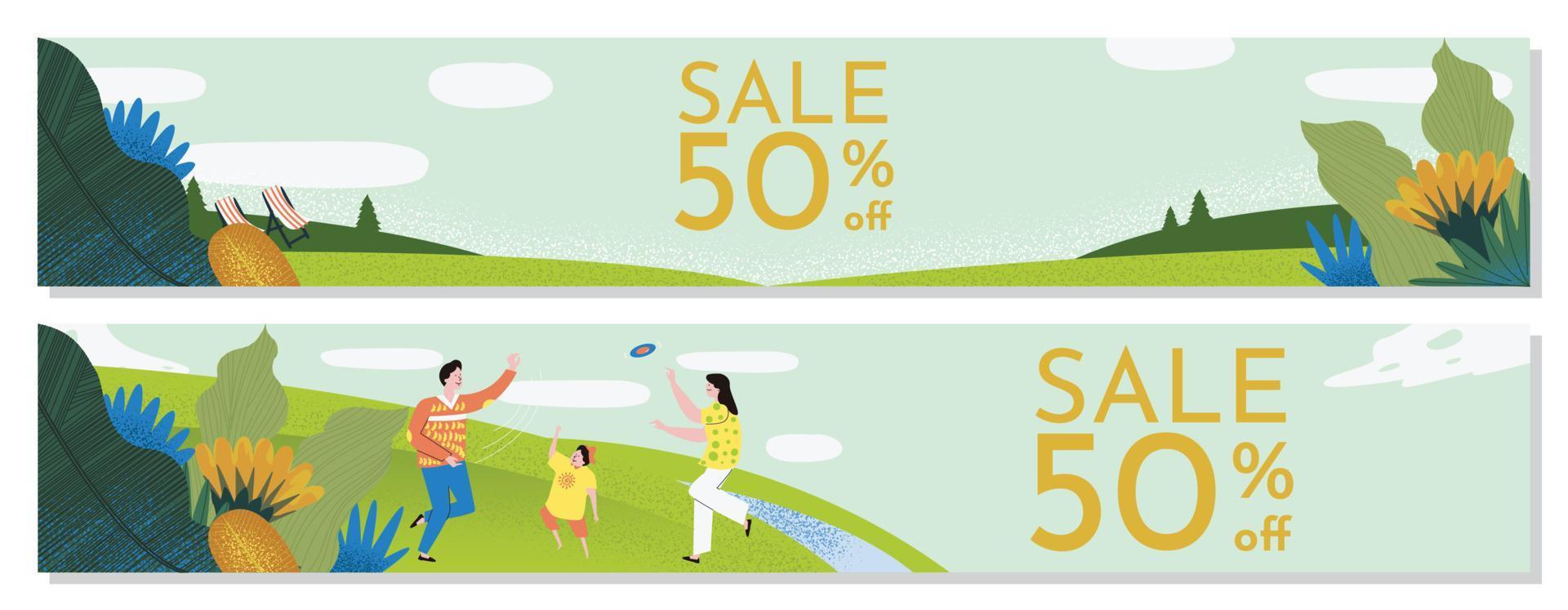 Beautiful modern view of nature landscape with family activity on the hill. 50 percent discount Sale banner, background scenery vector illustration