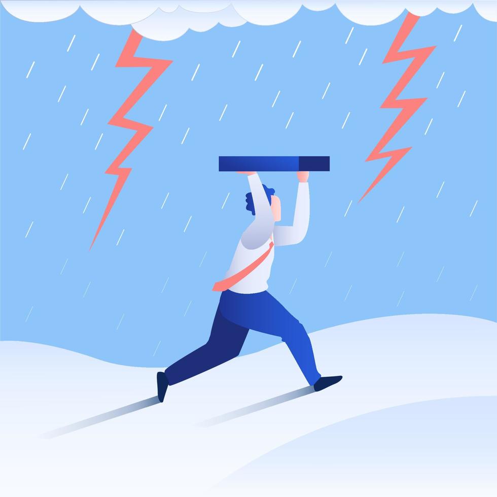 Businessman running through a heavy rain with thunder. Background vector illustration
