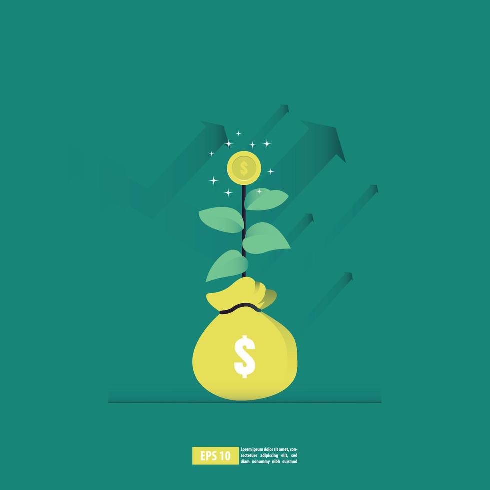 concepto de retorno de la inversión, gráfico y gráfico de roi, negocios, ganancias y éxito. árbol de dinero en crecimiento, monedas de oro en las ramas. símbolo de riqueza. ilustración vectorial de estilo plano vector