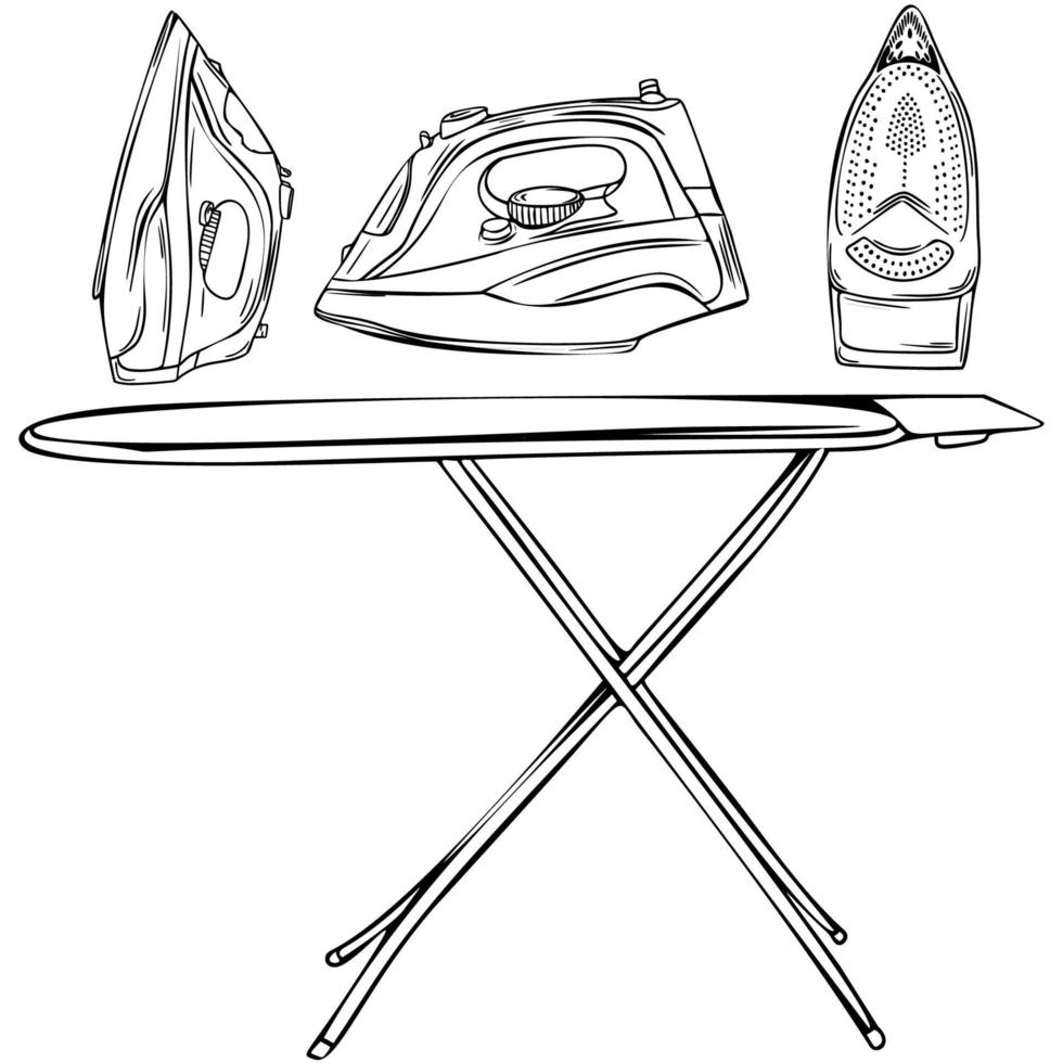 Ironing board. Iron sketch. Black and white sketch. Hand draw. Home appliances. iron. Ironing