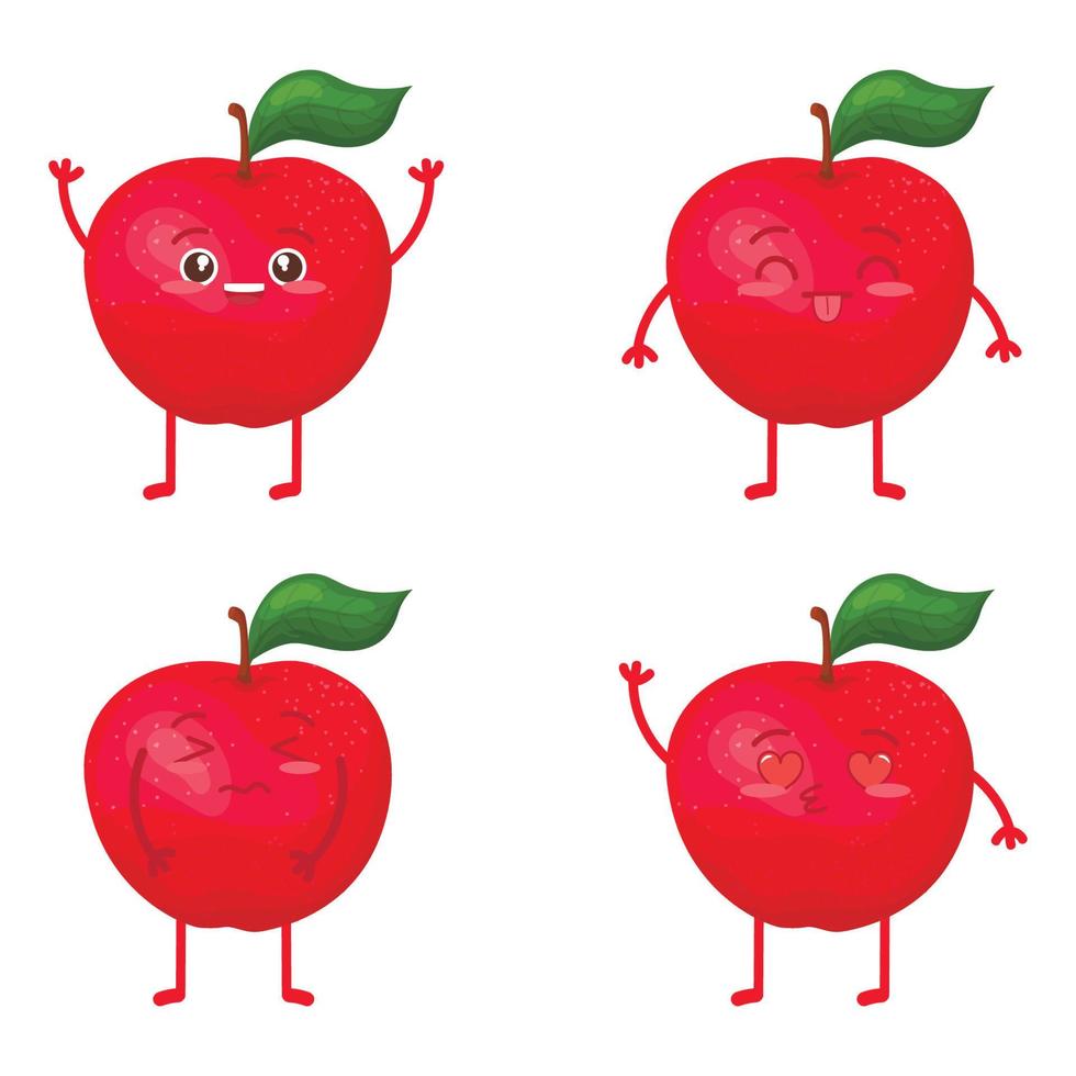 Kawaii character apple. Red. Ripe fruit in different emotions. For the design of children's packaging, postcards. Fruit concept. vector