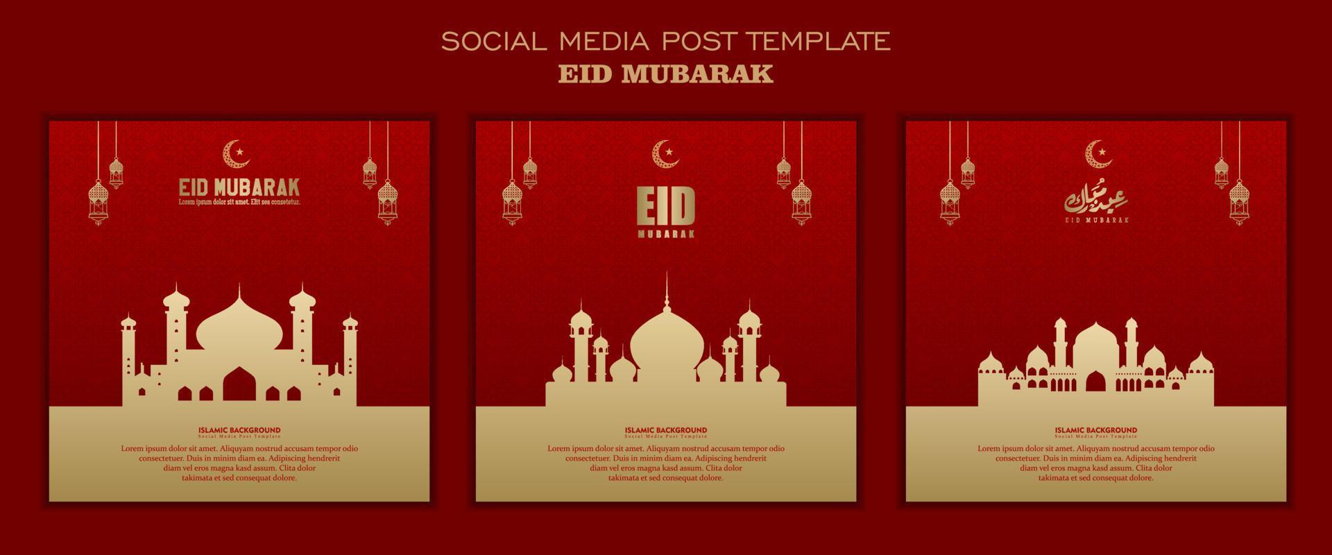 Set of social media post template, square background red gold color and simple ornament design for islamic party vector