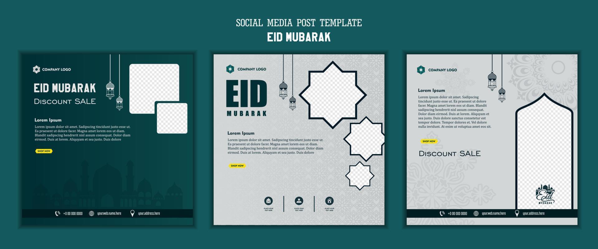 Set of social media post template, square background with green white color and simple ornament design for islamic party vector