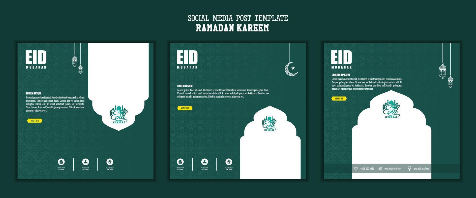 Set of social media post template, square background with green color and simple ornament design for islamic party vector