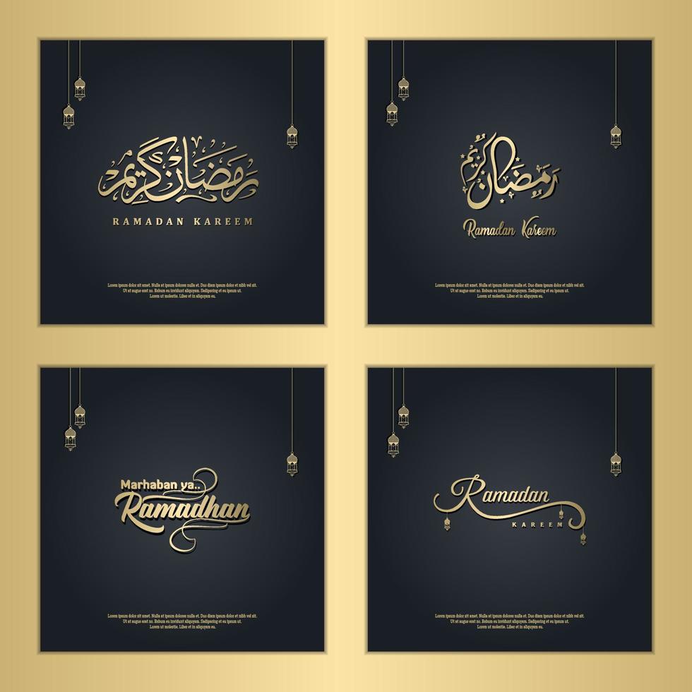 set of social media post ramadan kareem card square background black gold color design  for islamic party vector
