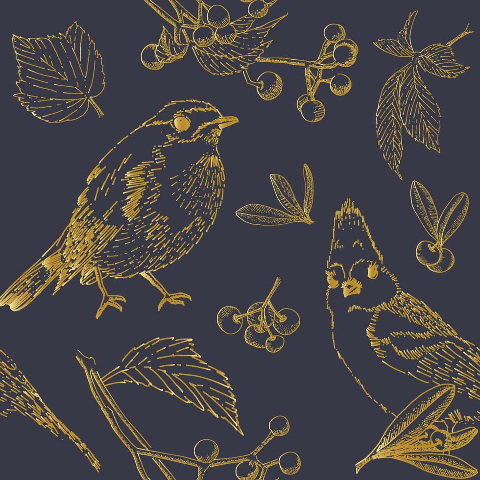colección de patrones sin fisuras de pájaro de arte de línea dorada de vector