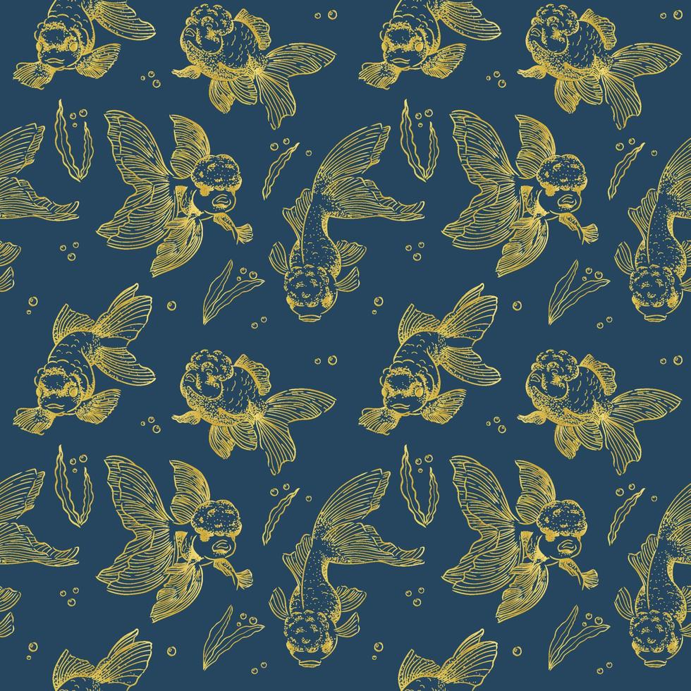 Vector golden line art goldfish seamless pattern collection