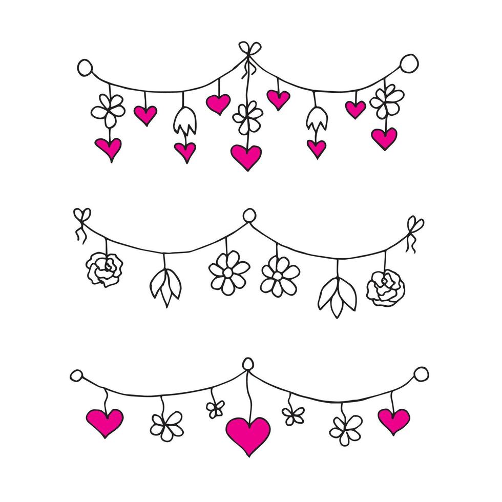 contorno negro dibujado a mano sobre un fondo blanco conjunto vectorial simple de guirnaldas festivas con rosas de flores, corazones rosas para el diseño de tarjetas, pancartas, elementos de decoración del día de San Valentín vector