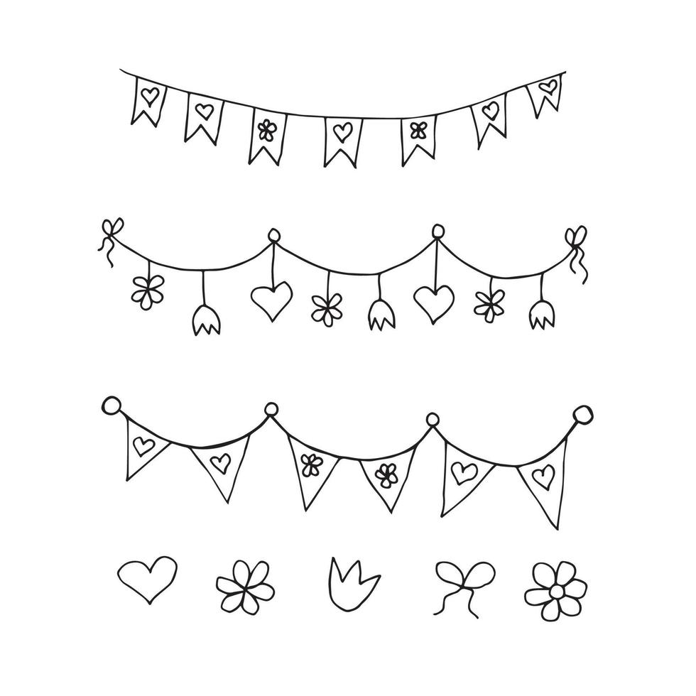 Hand-drawn black outline on a white background. Simple vector set of holiday garlands with flowers, hearts, flags for the design of cards, banners, decor elements.