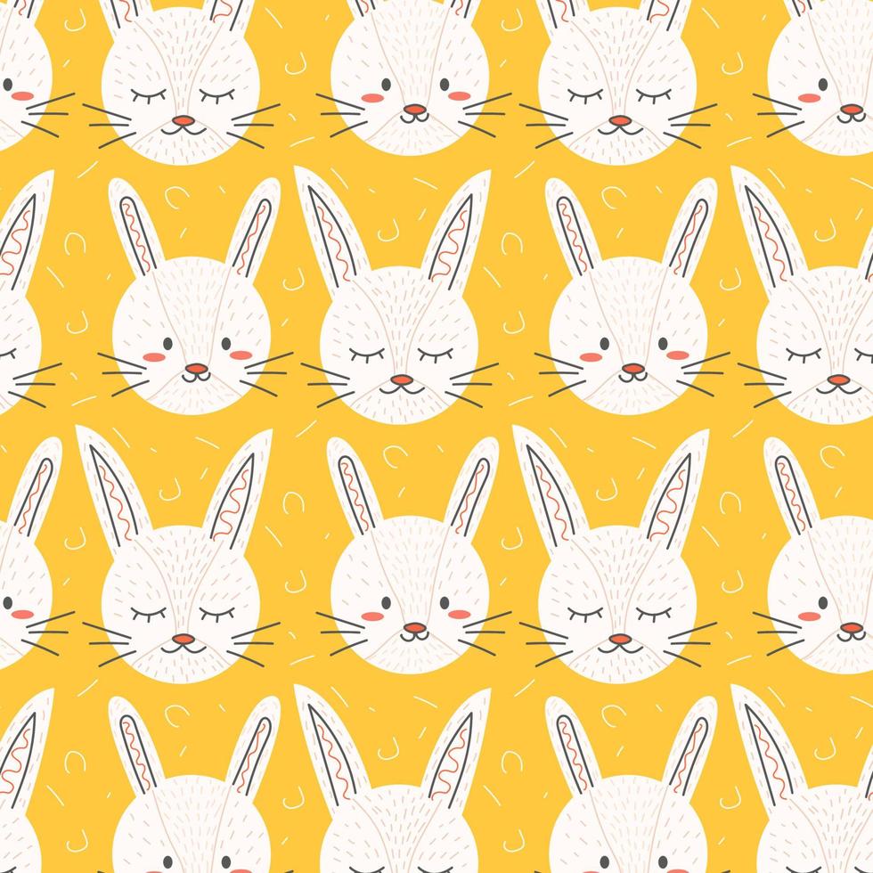 pattern with face of different rabbits on  yellow background vector