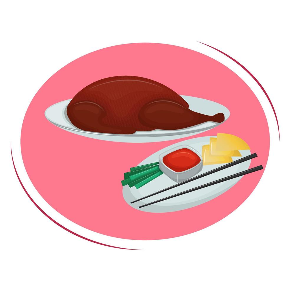 Peking duck with sauce, vegetables and tortillas. Chinese traditional cuisine. Vector illustration. Cartoon.