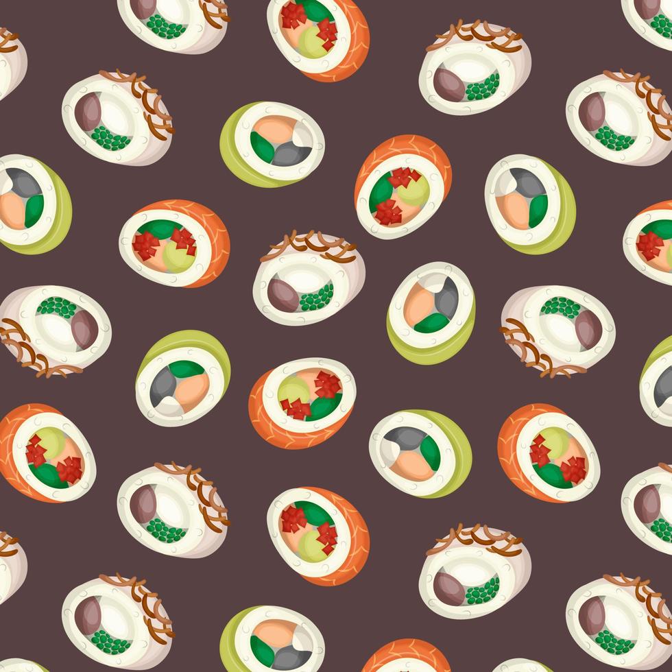 Pattern with Japanese sushi on dark background. Traditional Asian cuisine. Vector illustration. Background, flyer, poster, textile, printed matter.