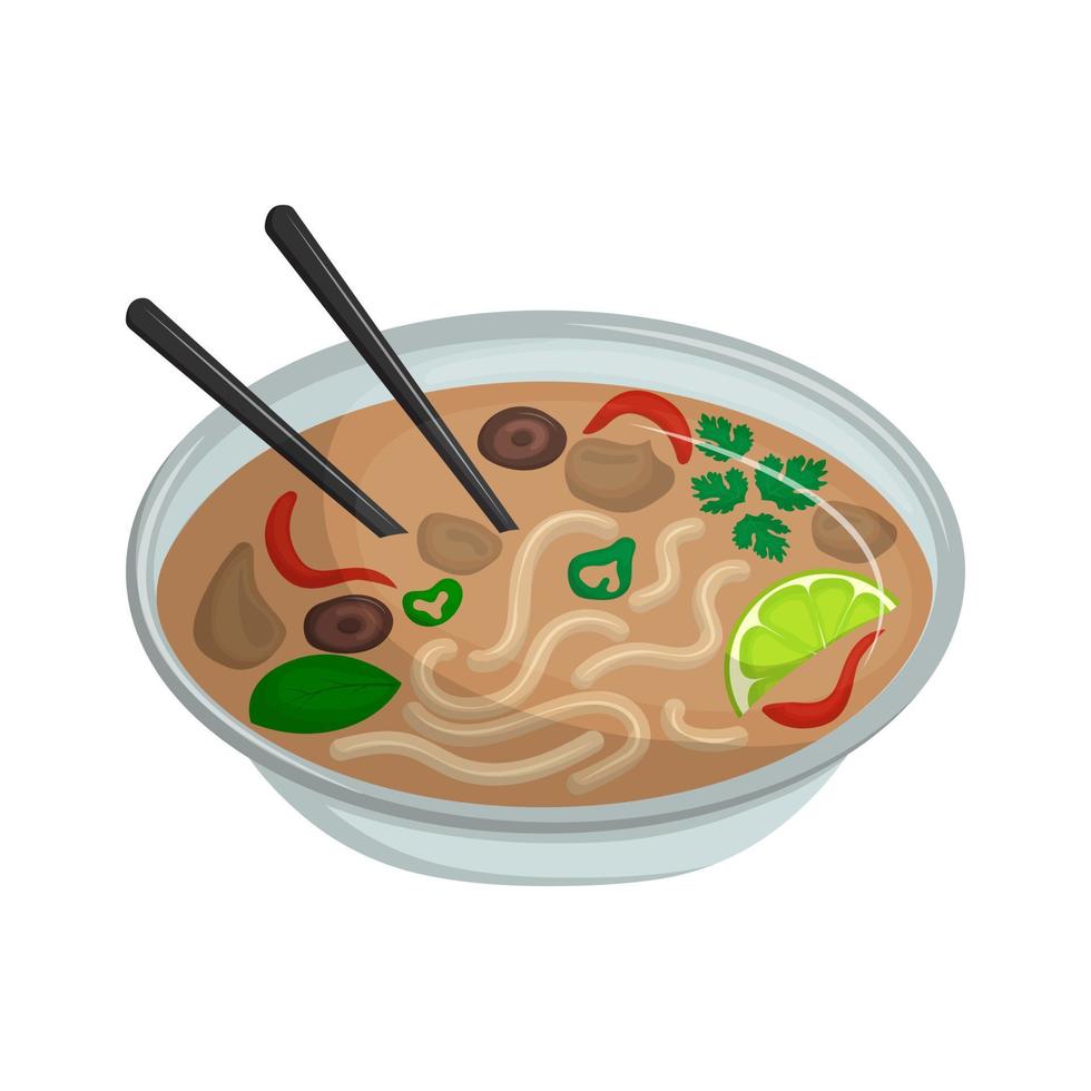 Pho bo is Vietnamese light soup with rice noodles, meat, and vegetables. Asian traditional cuisine. Vector illustration. Cartoon.