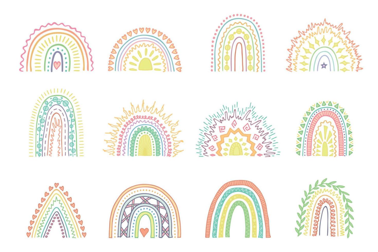 conjunto de arco iris pastel dibujado a mano. elementos decorativos para la impresión de tarjetas de felicitación, niños y ropa de bebé vector