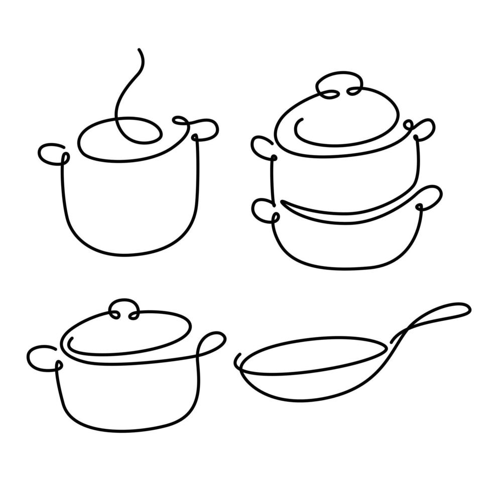 Pots and pans contour line drawings vector