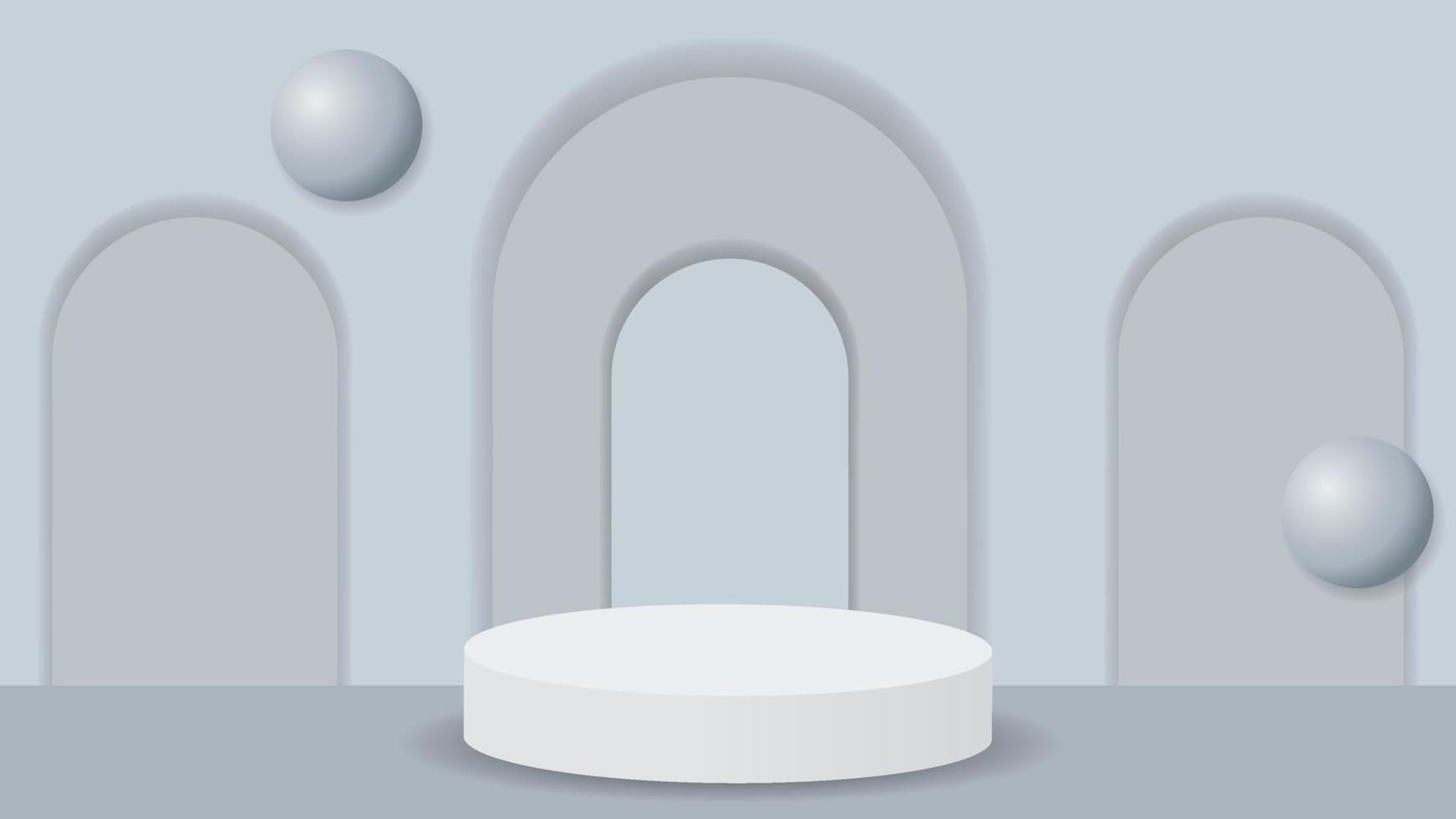 White podium background with realistic door and ball. Vector illustration of 3D podium