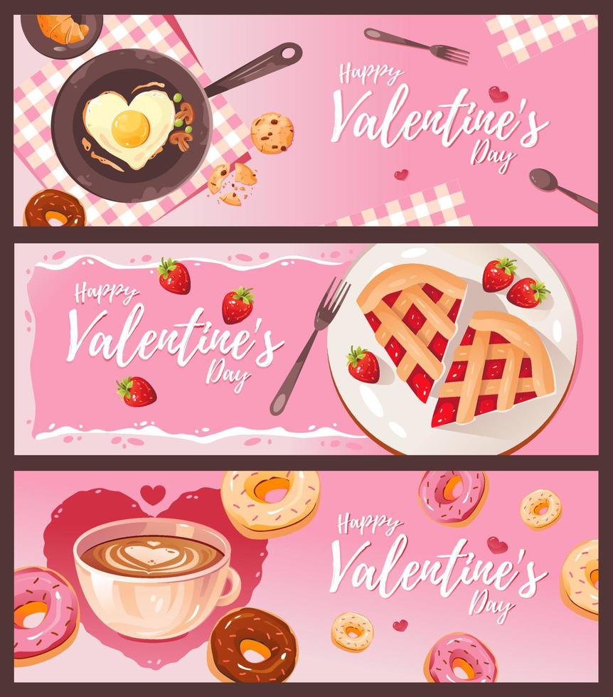 Banners for Valentine's Day with hearts, coffee, sweet dessert and breakfast. Template for a web banner, postcard, post in a social network. vector