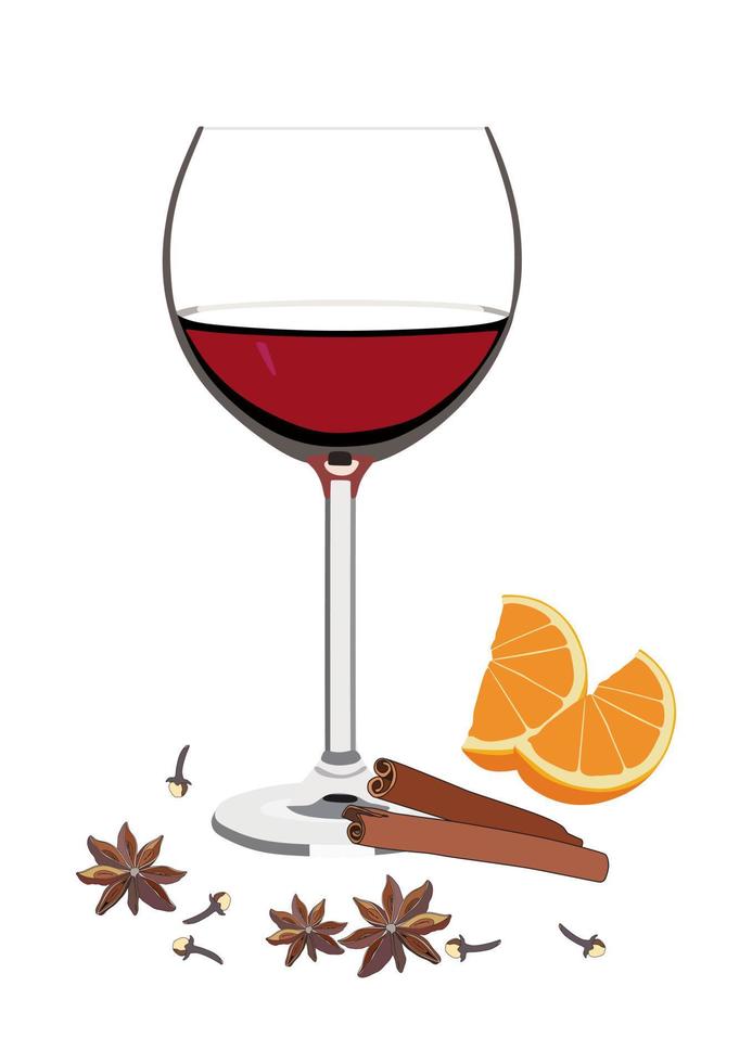 Vector caliente bebida navideña de vino caliente con naranja y especias aisladas en fondo blanco.