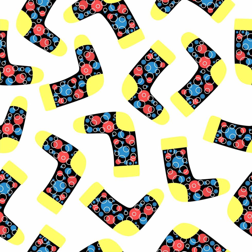 Socks isolated on white seamless background. Abstract pattern. Circles on black background. Doodle. Funny ornament. Print, textile, fabric, wrapping paper. vector