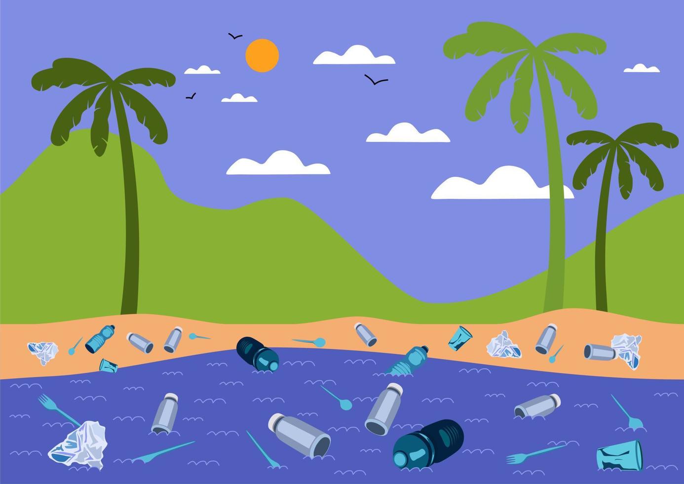 Palm tree. Modern style. Vector flat illustration. Sea, mountains, sky, sun. Stop plastic pollution. Plastic bottles, bags, knifes, spoons, forks.