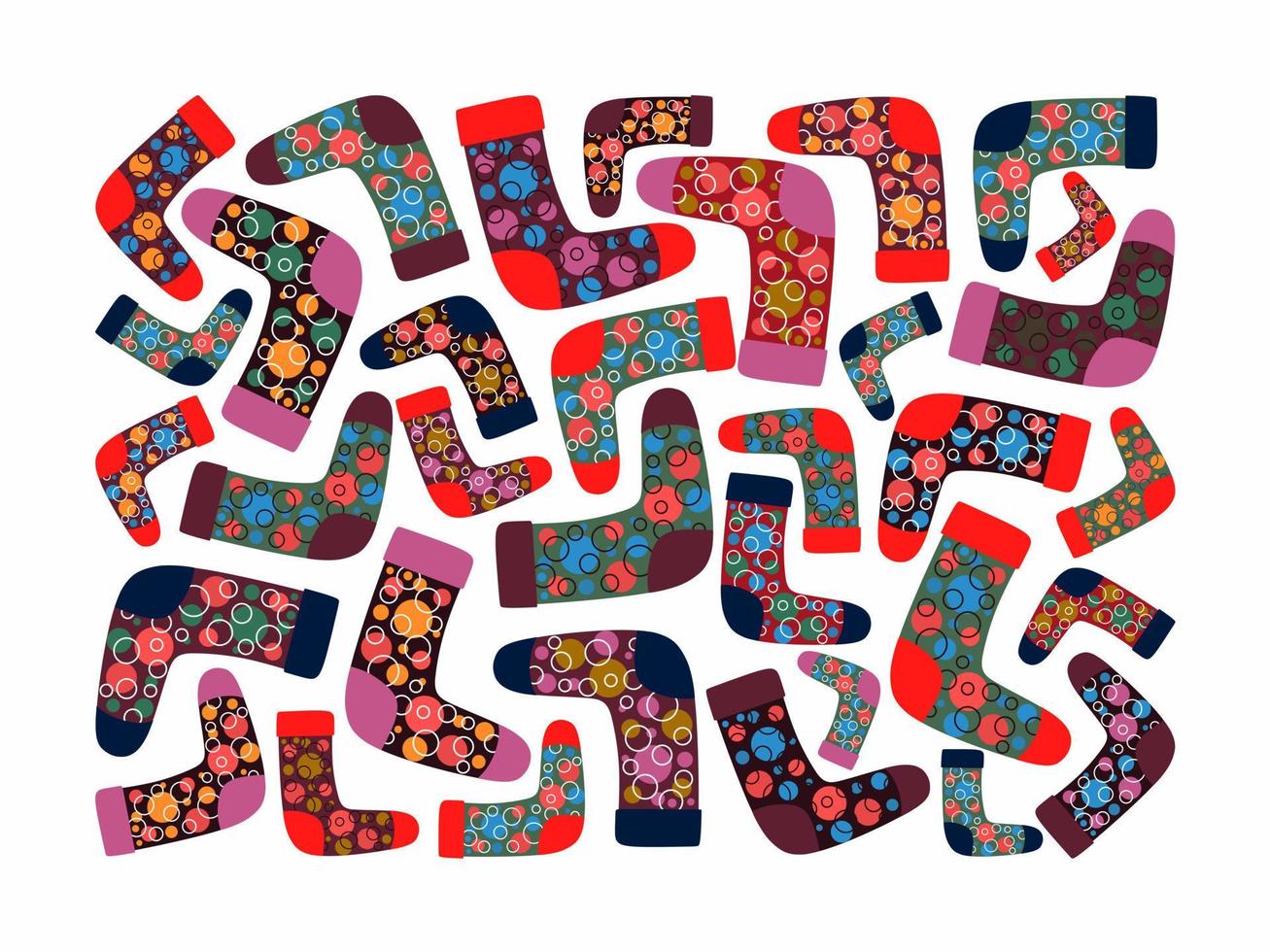 Set or collection of different colorful socks isolated on white background. Circles decoration. Pattern. vector