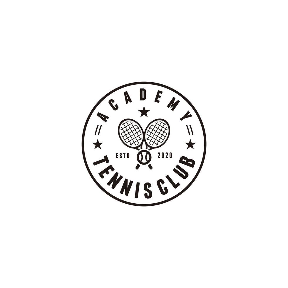 diseño de logotipo minimalista de tenis vintage. raquetas de tenis negras cruzadas con una pelota vector
