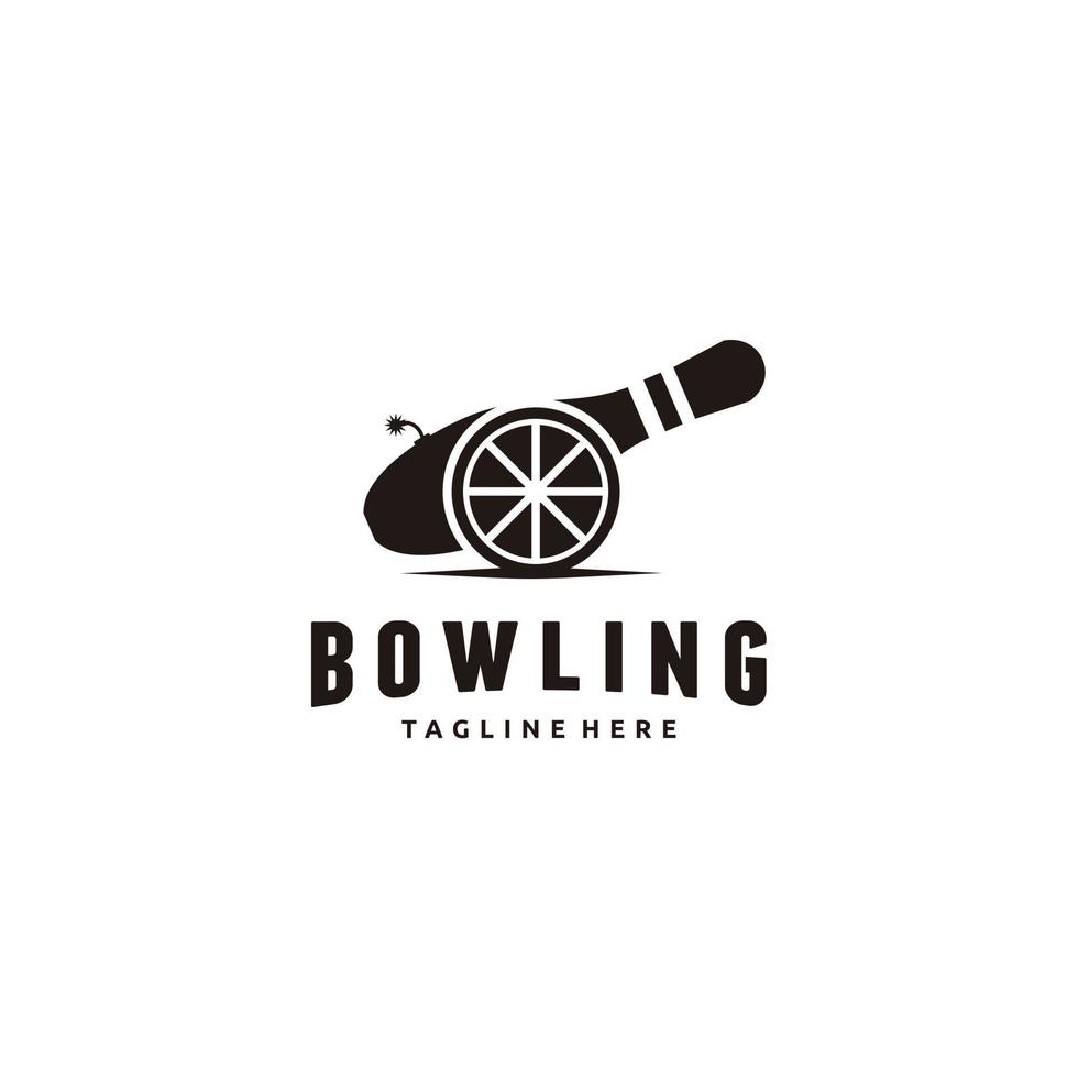 Vector bowling and cannon logo combination. Unique kegling and embrace logotype design template.