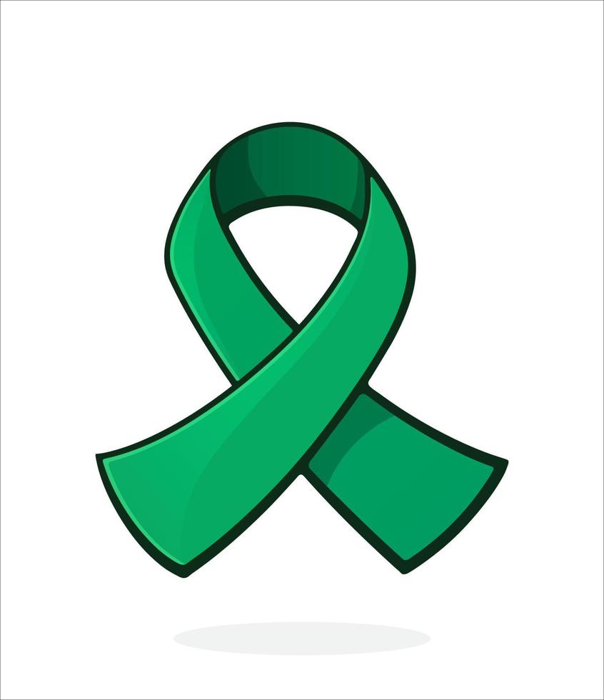 Emerald or jade ribbon, international symbol of awareness about hepatitis B and liver cancer. Sticker in cartoon style with contour. Isolated on white background vector