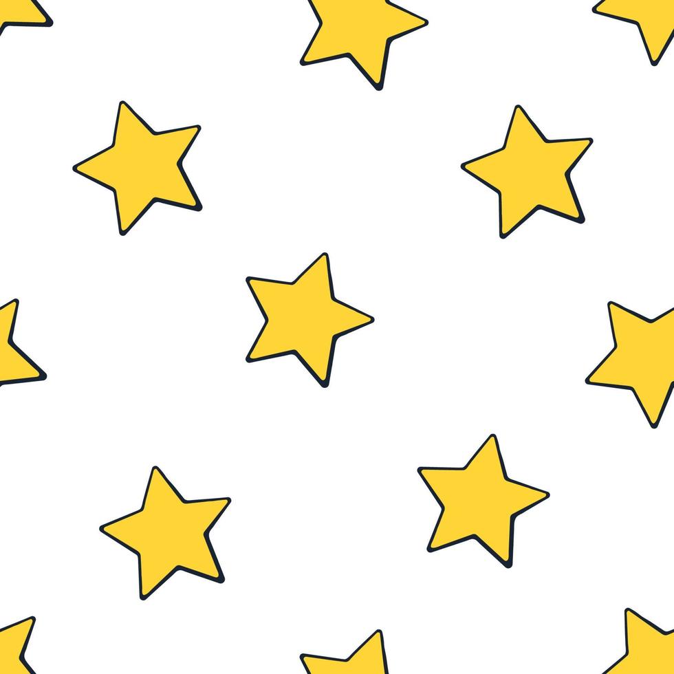 Seamless pattern with falling cute yellow stars white background. Weather symbol. Pattern with contour vector