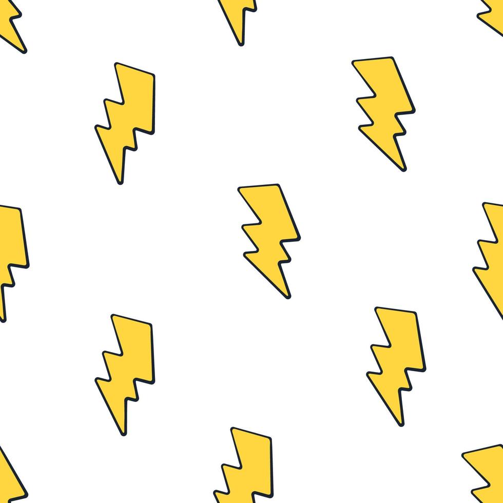 Seamless pattern with cute yellow electric lightning bolts on white background. Weather symbol. Pattern with contour vector