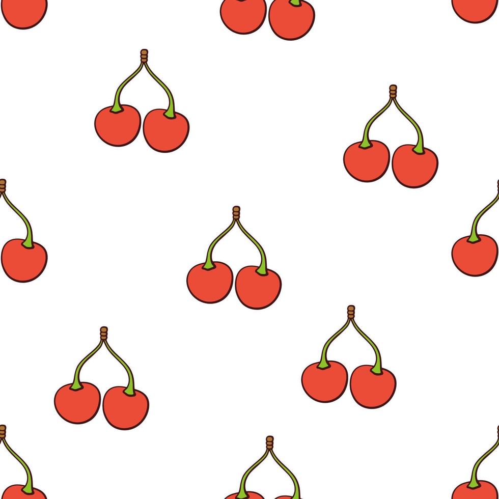 Seamless pattern with twin red cherries with a stem on white background. Healthy vegetarian food with berry fruits. Drawing with contour vector