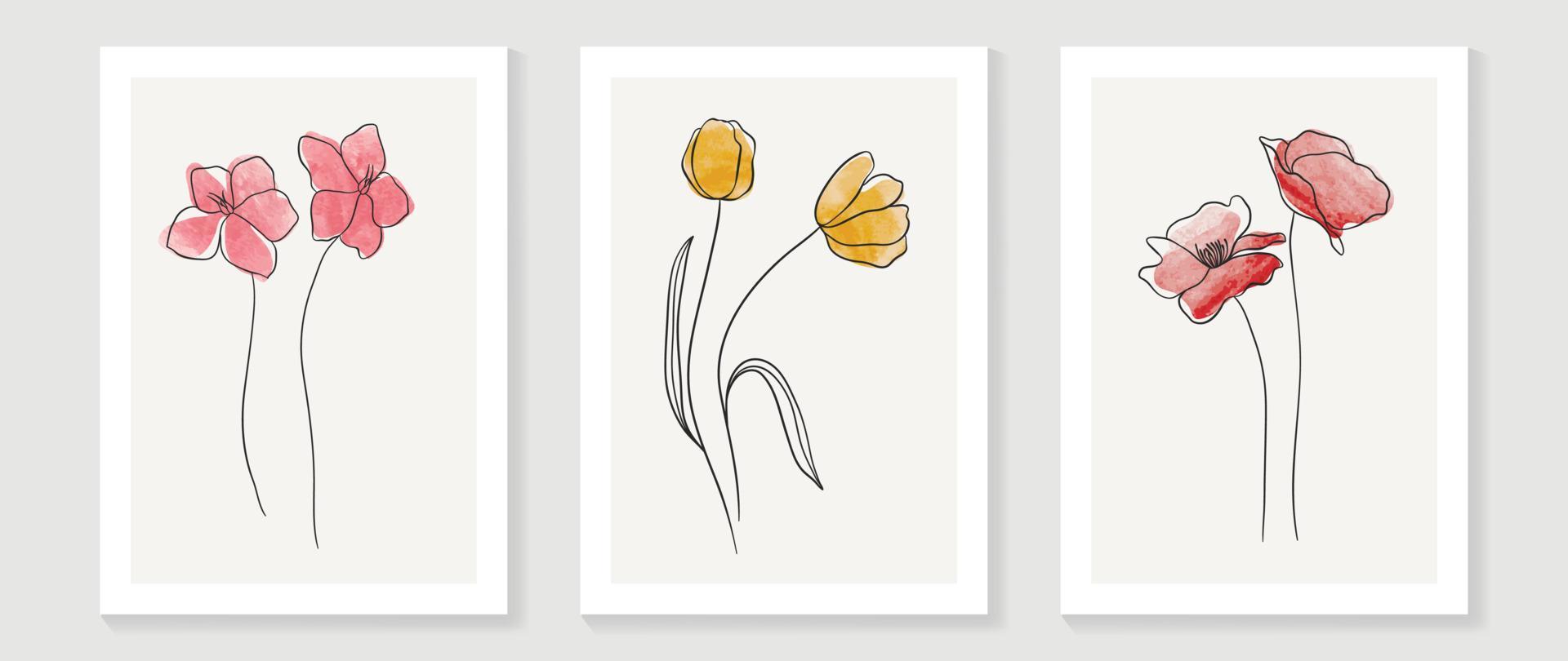 conjunto de vectores de arte de pared de acuarela floral y botánica abstracta. arte de línea de flores botánicas con fondo pintado de colores vibrantes. diseño de naturaleza mínima para la decoración del hogar, interior, afiche, portada, pancarta.